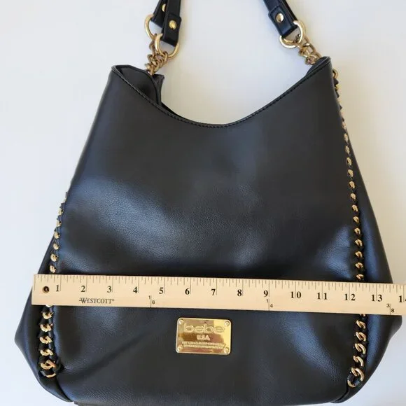 Bebe Black Faux Leather Bag Purse Large Gold Chains Glam Edgy Maximalism Loud - Picture 13 of 16